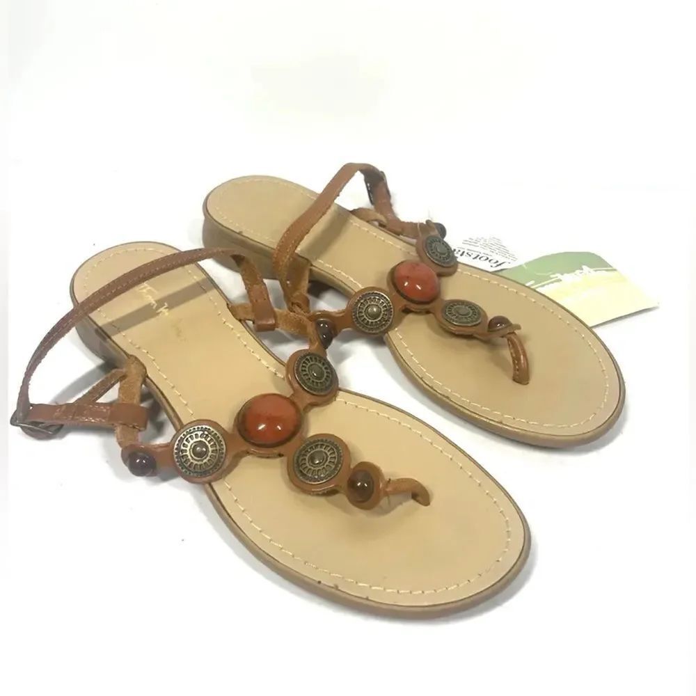 Thom McAn Beaded Brown Leather Sandal Stone Metal Ankle Strap Women Size 7 NWT